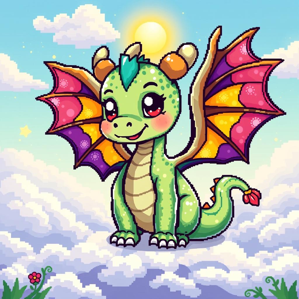 A cute dragon with large, colorful wings, depicted in a charming and whimsical pixel art style
