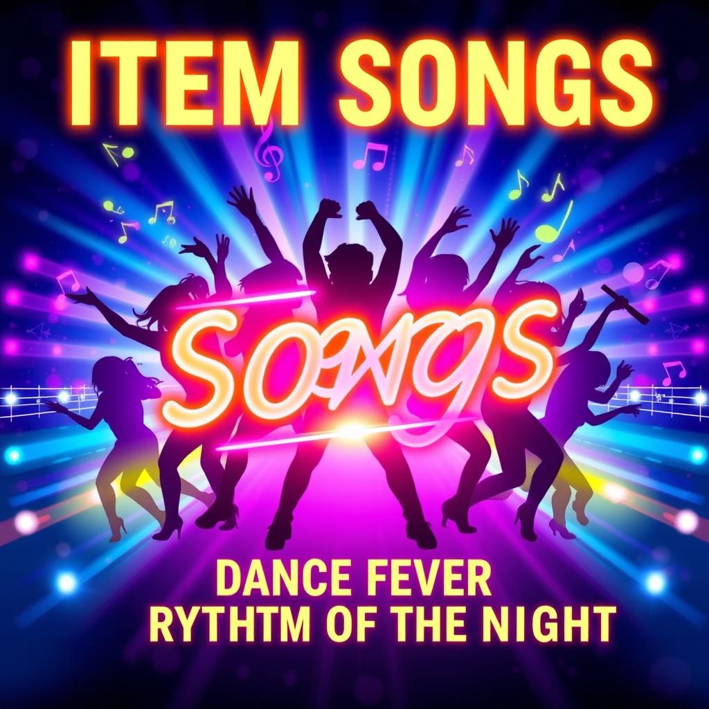 A vibrant and eye-catching poster featuring a dynamic representation of item songs, bursting with neon graphics