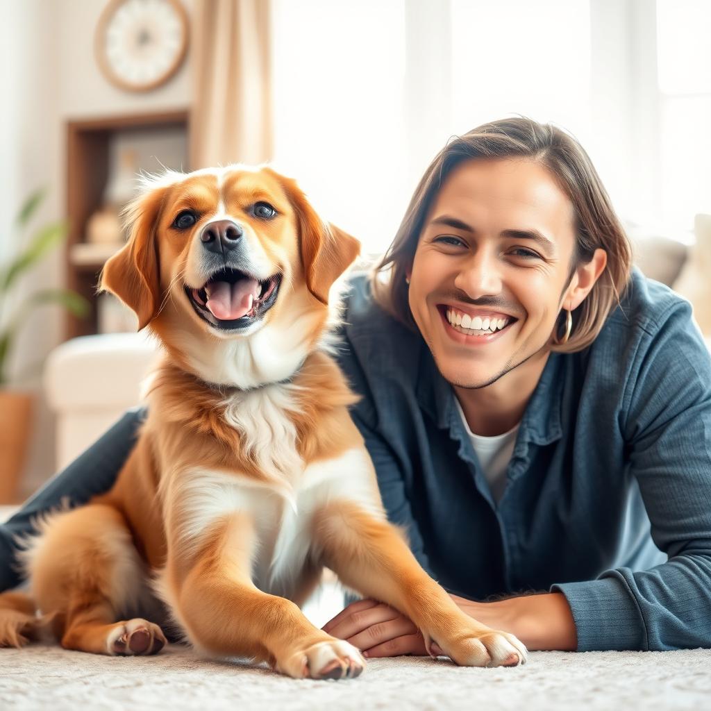 A delightful image of a happy pet sitting beside its owner, both radiating joy
