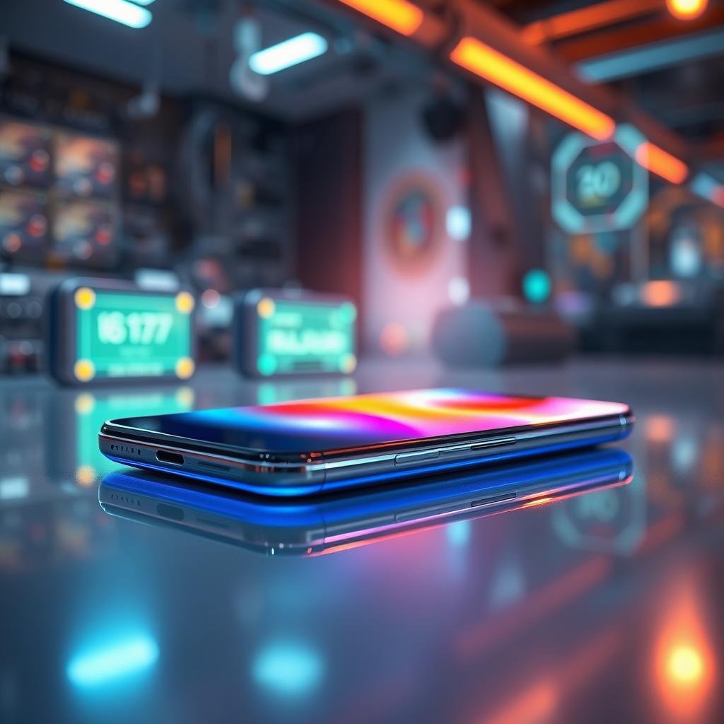 A sleek, futuristic mobile phone displayed on a polished surface