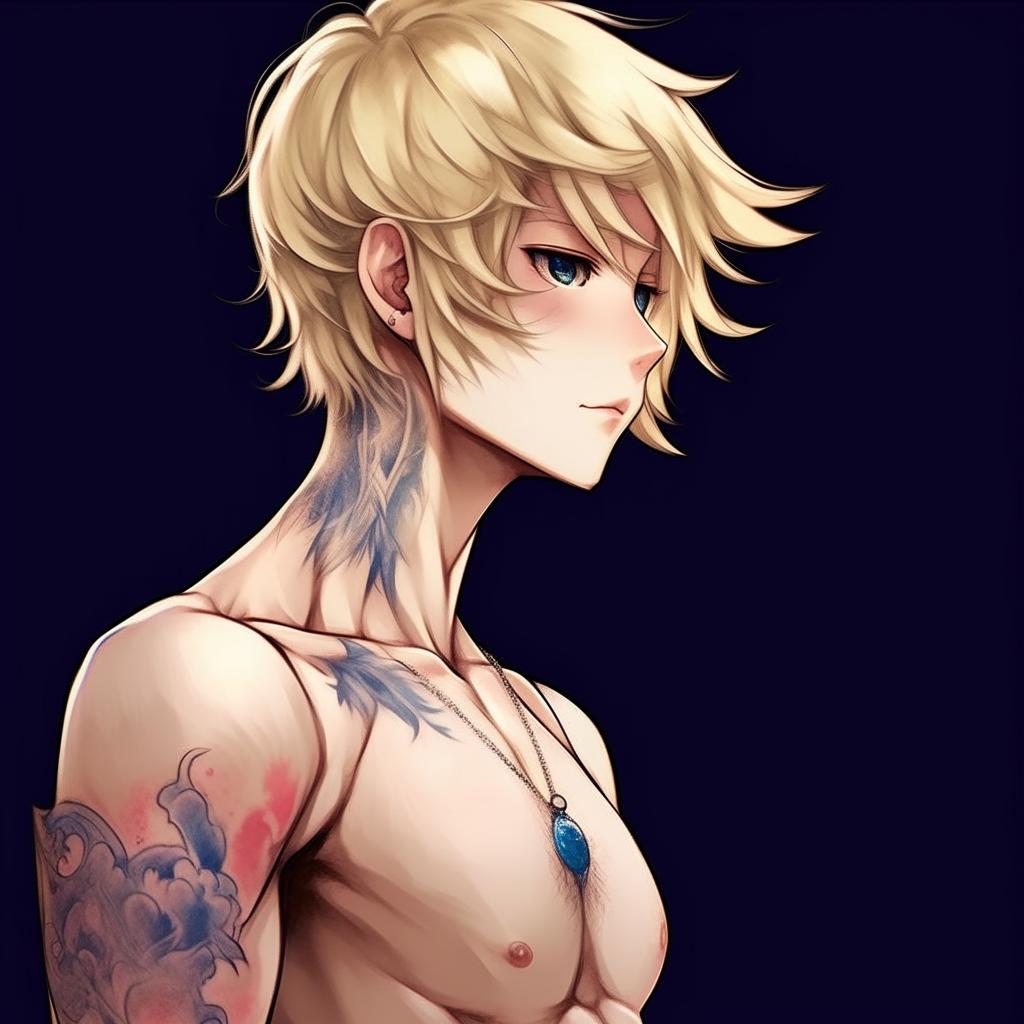 A full body illustration of an anime boy, platinum blonde hair, eyebrows, and lashes, slim build, slender skin, harmonious face, deep blue eyes, slight pinkish tone on the corners of his eyes and nose tip, prominent pectorals, feminine figure, and a small symbolic tattoo on lower back, exceedingly attractive as he gazes into the distance