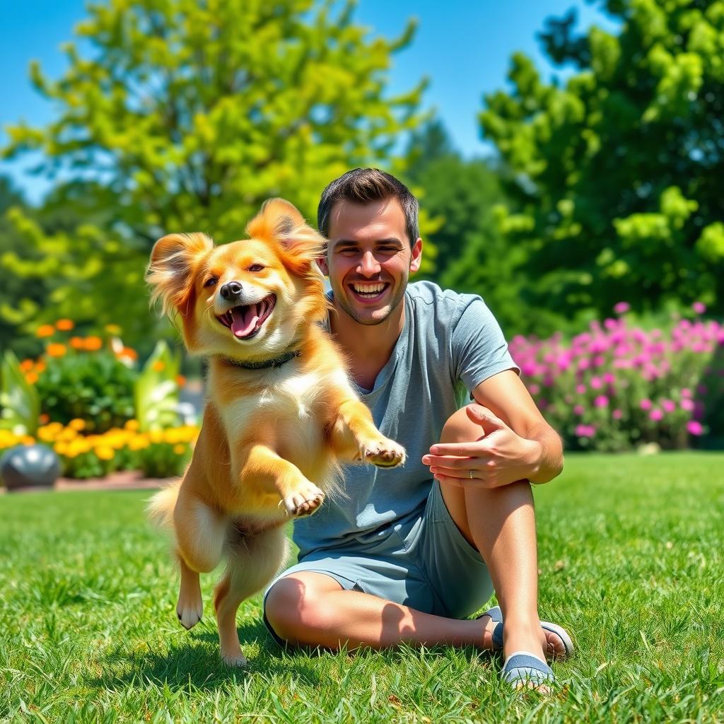 A joyful scene of a happy pet and its owner enjoying a sunny day in the park