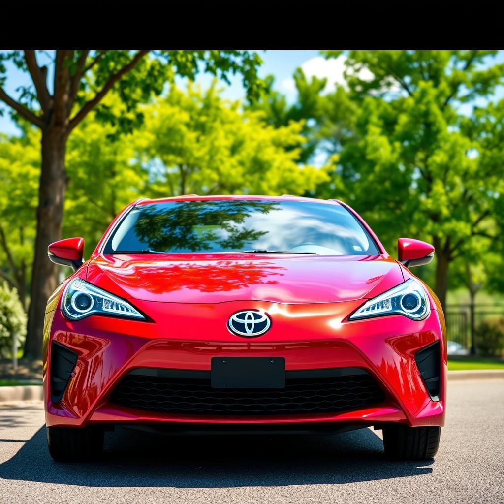 A shiny, red Toyota car parked in a scenic outdoor setting
