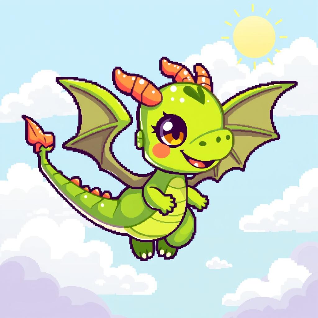 A cute dragon with large, pixelated wings, flying through the sky in a charming and vibrant pixel art style