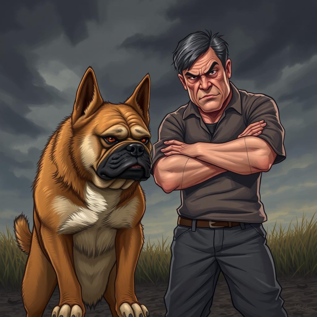 A tense scene depicting a pet and its owner in an intense moment