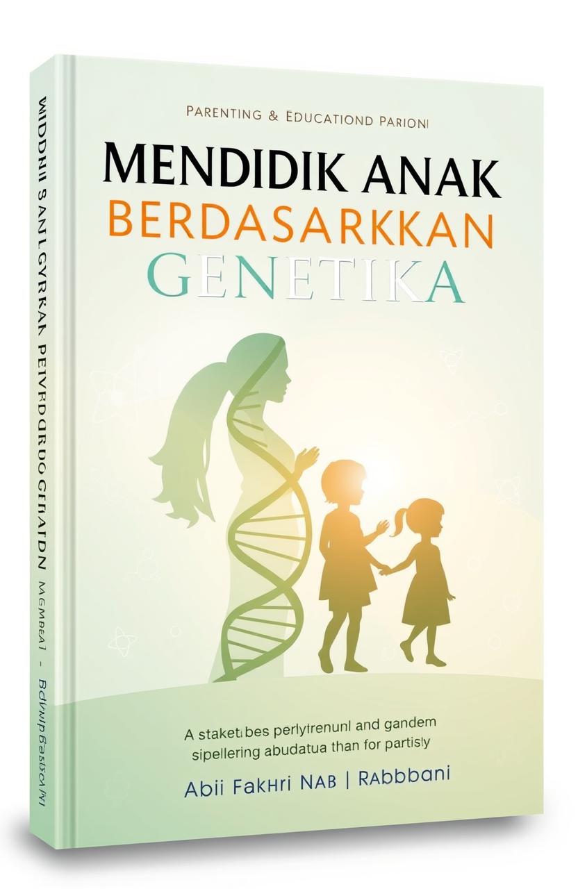 An eye-catching book cover design for a parenting and education book titled "MENDIDIK ANAK BERDASARKAN GENETIKA" by Abi Fakhri Nabhan Rabbani