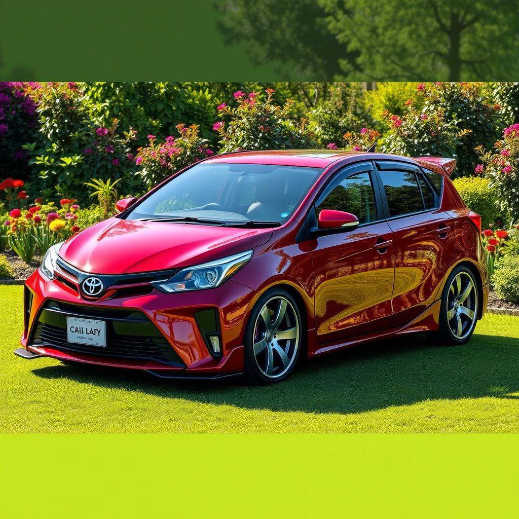 A modified red-maroon Toyota Calya parked gracefully in a lush green garden with vibrant flowers