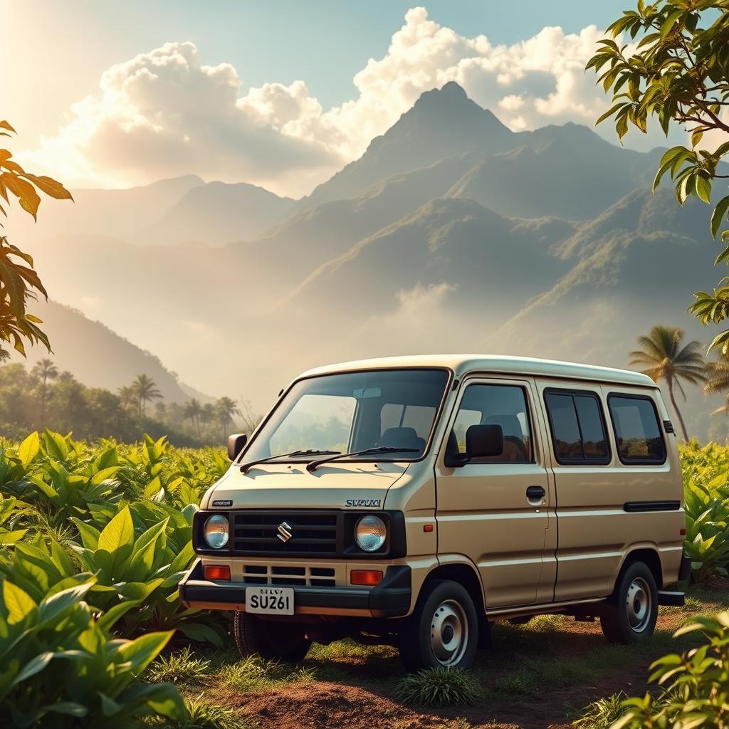 A realistic depiction of an old Suzuki Carry van parked amidst a lush green plantation