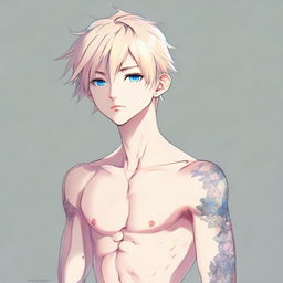 Illustrate a full body anime image of a really delicate, twink boy with platinum blonde hair, eyebrows, lashes, slender skin, harmonious face, blue eyes, slight pink tones at the corners of his eyes and nose tip. He has big pectorals, a feminine figure, small symbolic tattoo on his lower back, looking extremely attractive as he gazes into the distance