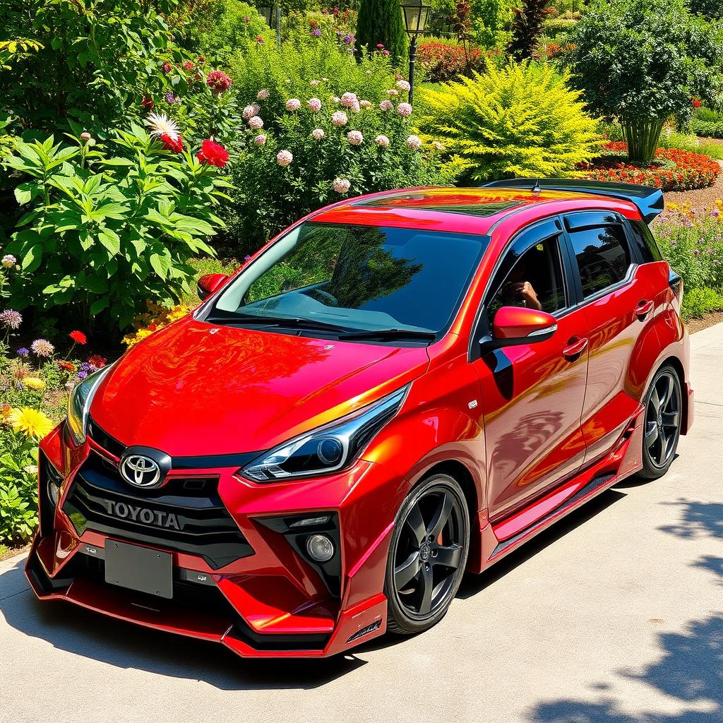 A modified red-maroon Toyota Calya designed with sporty aesthetics, parked elegantly in a vibrant garden