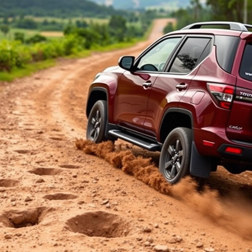 A maroon Toyota Calya navigating a rugged, pothole-filled road, showcasing its durability and resilience