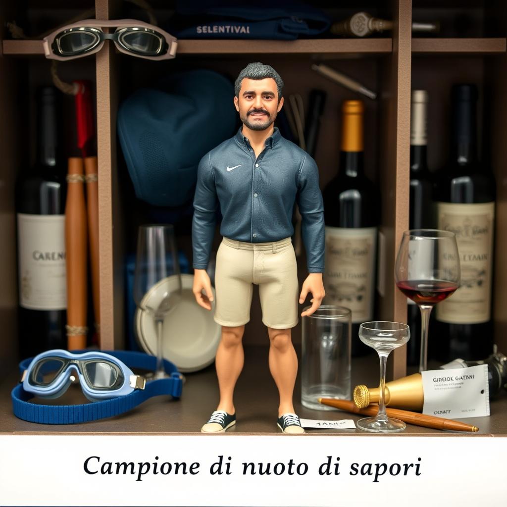 A realistic action figure of GIORGIO GAETANI, standing vertically in its compartment
