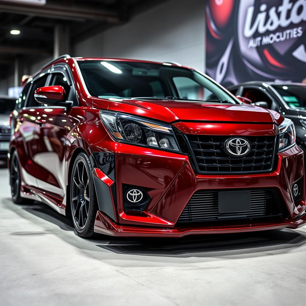 A visually striking modified maroon Toyota Calya, showcasing an array of custom enhancements such as an aggressive front grille, sporty body kit, unique alloy wheels, and lowered suspension for a sleek profile