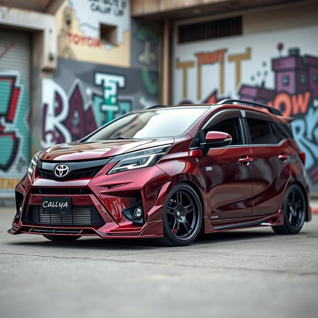 A stunning modified maroon Toyota Calya, featuring an aggressive look with a sporty body kit, custom alloy wheels, and a lowered suspension for a more dynamic stance