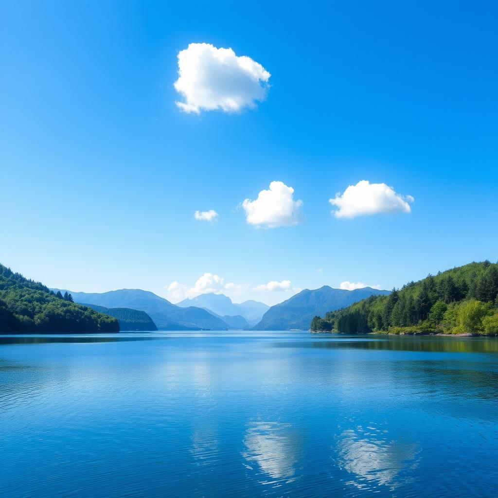 A clear and beautifully detailed image of a serene natural landscape featuring a tranquil lake surrounded by lush green trees under a bright blue sky