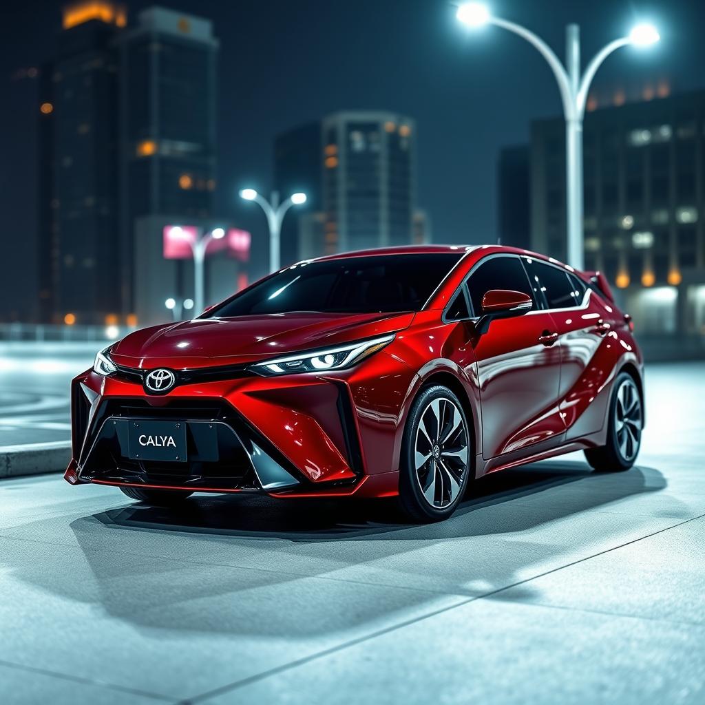 A futuristic and sporty impression of a 2025 Toyota Calya in a striking maroon red color, showcasing sleek lines and a dynamic design