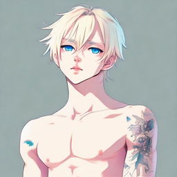 Illustrate a full body anime image of a really delicate, twink boy with platinum blonde hair, eyebrows, lashes, slender skin, harmonious face, blue eyes, slight pink tones at the corners of his eyes and nose tip. He has big pectorals, a feminine figure, small symbolic tattoo on his lower back, looking extremely attractive as he gazes into the distance