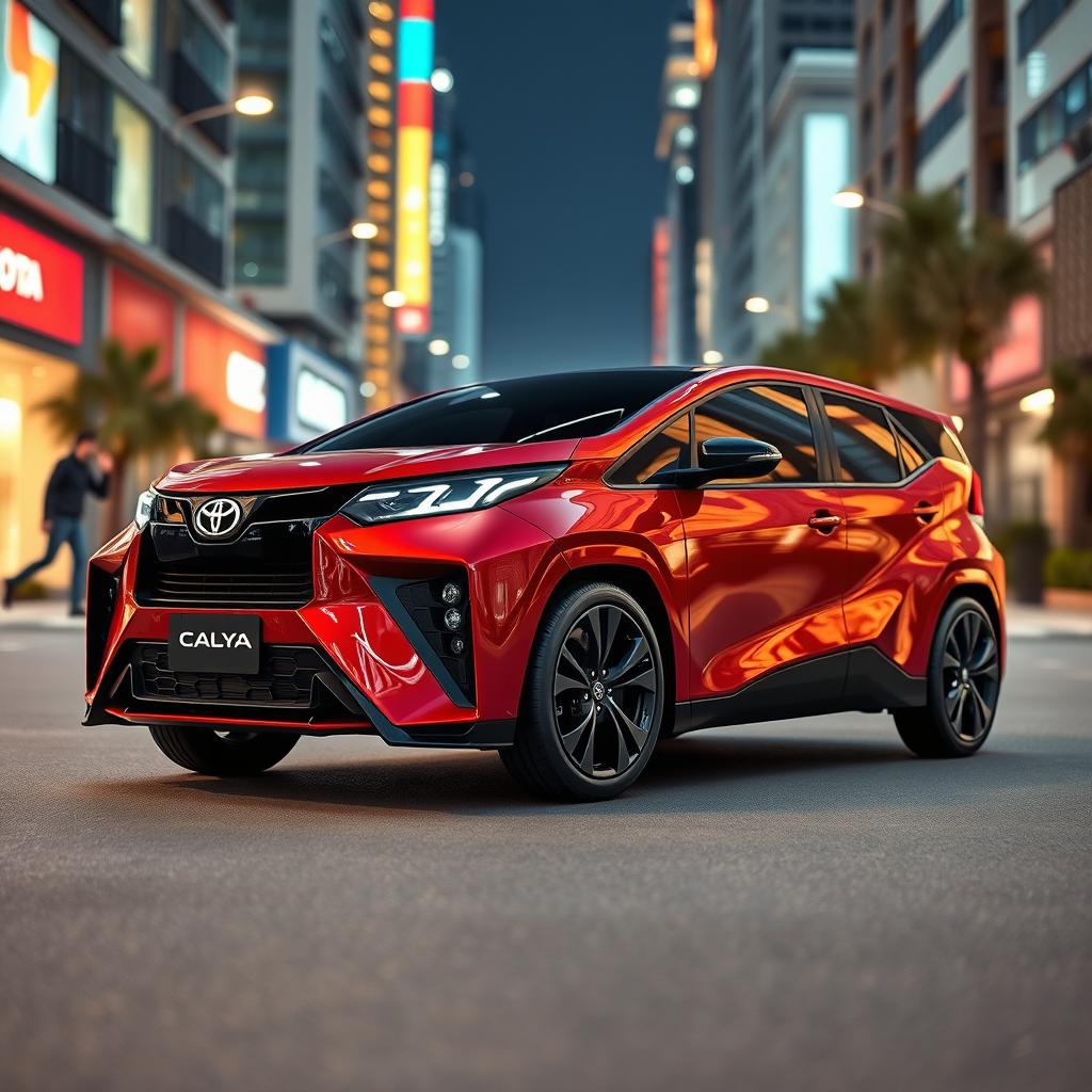 A futuristic and sporty depiction of a 2025 Toyota Calya in a vibrant maroon red color with striking black accents