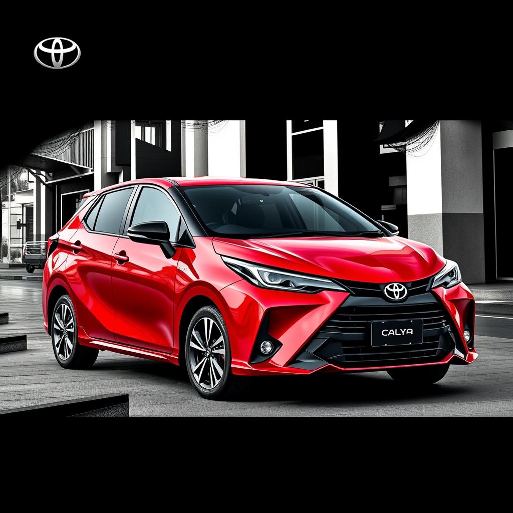 A striking portrayal of a 2025 Toyota Calya in a vibrant maroon red color with contrasting black and white accents, showcasing its sporty design