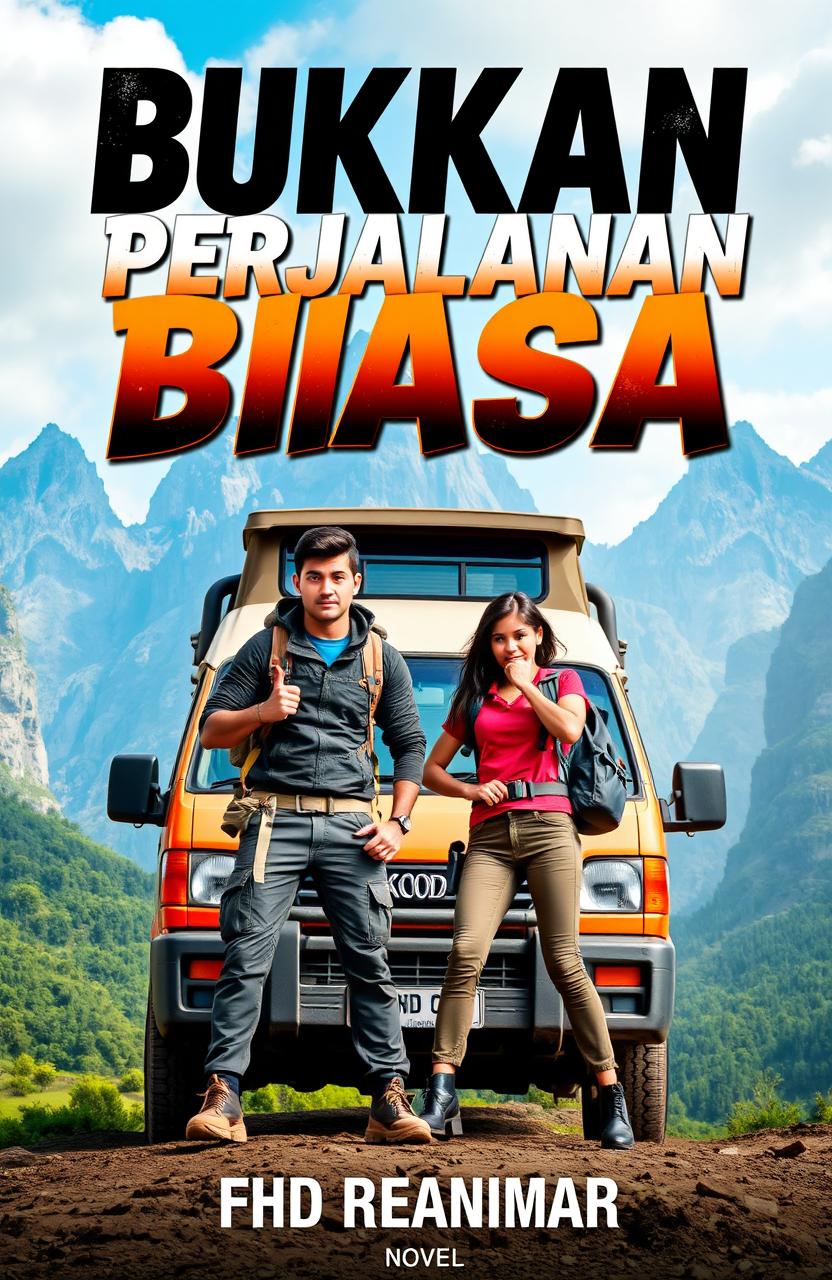 A captivating book cover for the novel 'BUKAN PERJALANAN BIASA' by FHD REANIMAR, featuring two tough young adventurers, a bold male and a fierce female, standing confidently in front of a rugged, eye-catching campervan