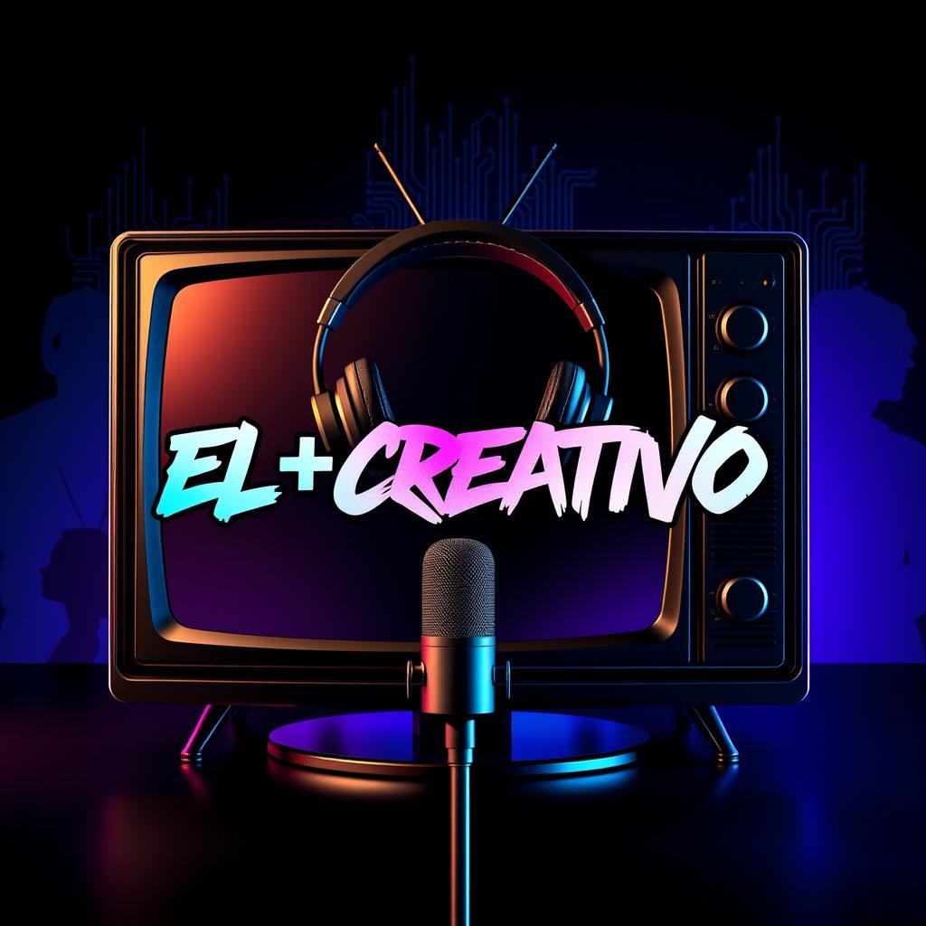 A sleek TV at the center or slightly tilted, symbolizing interviews and voices of influence, with a pair of studio headphones creatively wrapped around or positioned above a microphone, emulating a podcast-style format