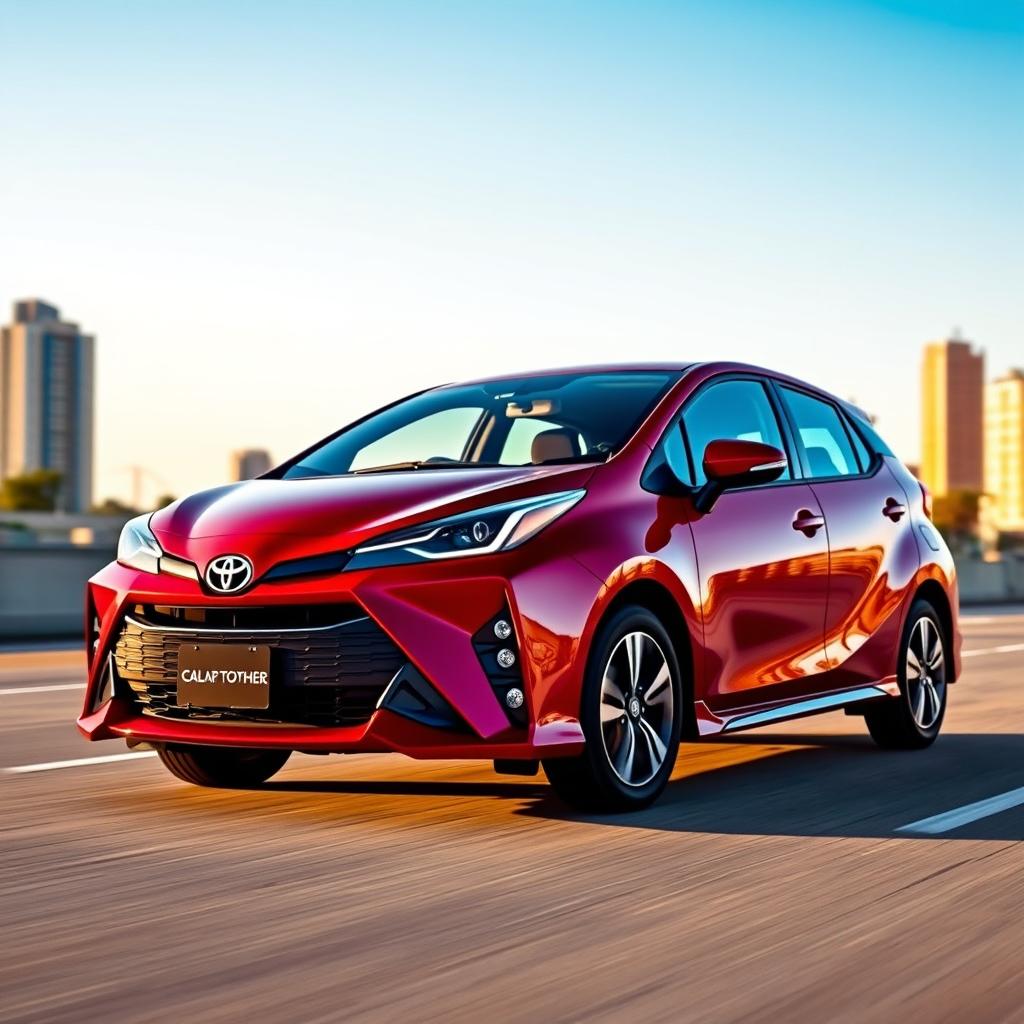 A vibrant and sporty depiction of a 2025 Toyota Calya in an eye-catching maroon red color, showcasing its dynamic and modern design