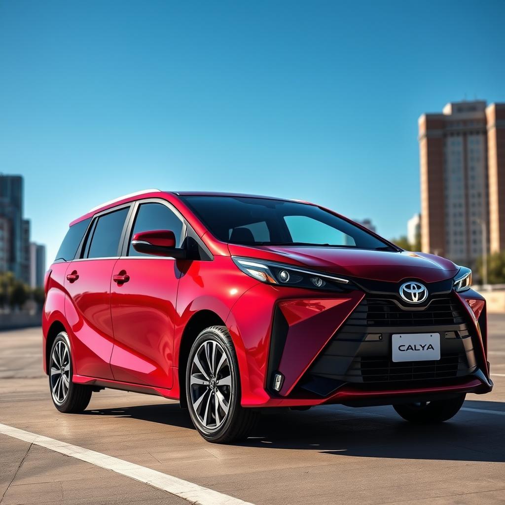 A captivating image of a 2025 Toyota Calya in a bright and vibrant maroon color, showcasing its modern and sleek design