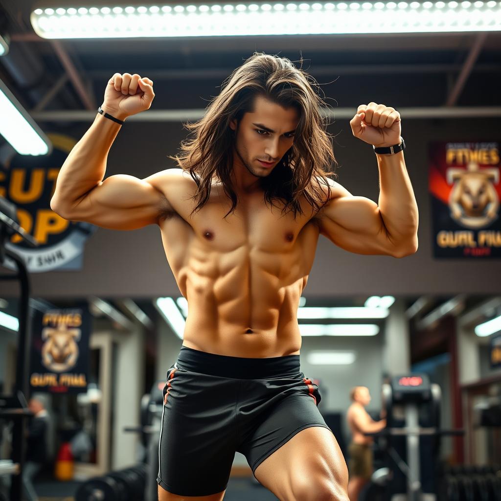 An athletic, lean, and attractive person performing an intense workout in a vibrant gym setting