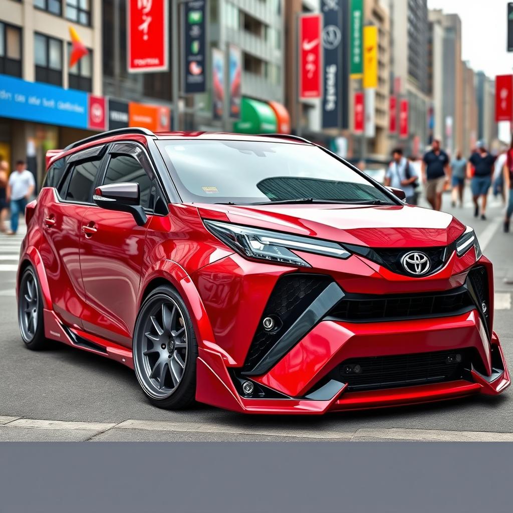 An impressive image of a modified 2025 Toyota Calya in a striking maroon red color, showcasing its unique modifications such as sporty body kits, custom alloy wheels, and an aggressive front bumper