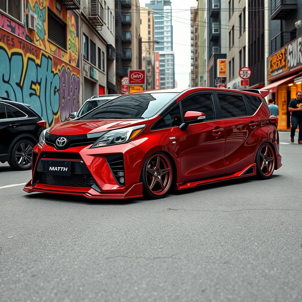 An exciting image of a modified 2025 Toyota Calya in a striking maroon red color