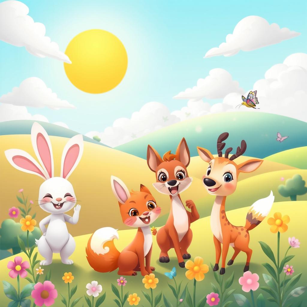 A vibrant animated style illustration featuring a whimsical landscape with rolling hills, fluffy clouds, and a bright sun shining down