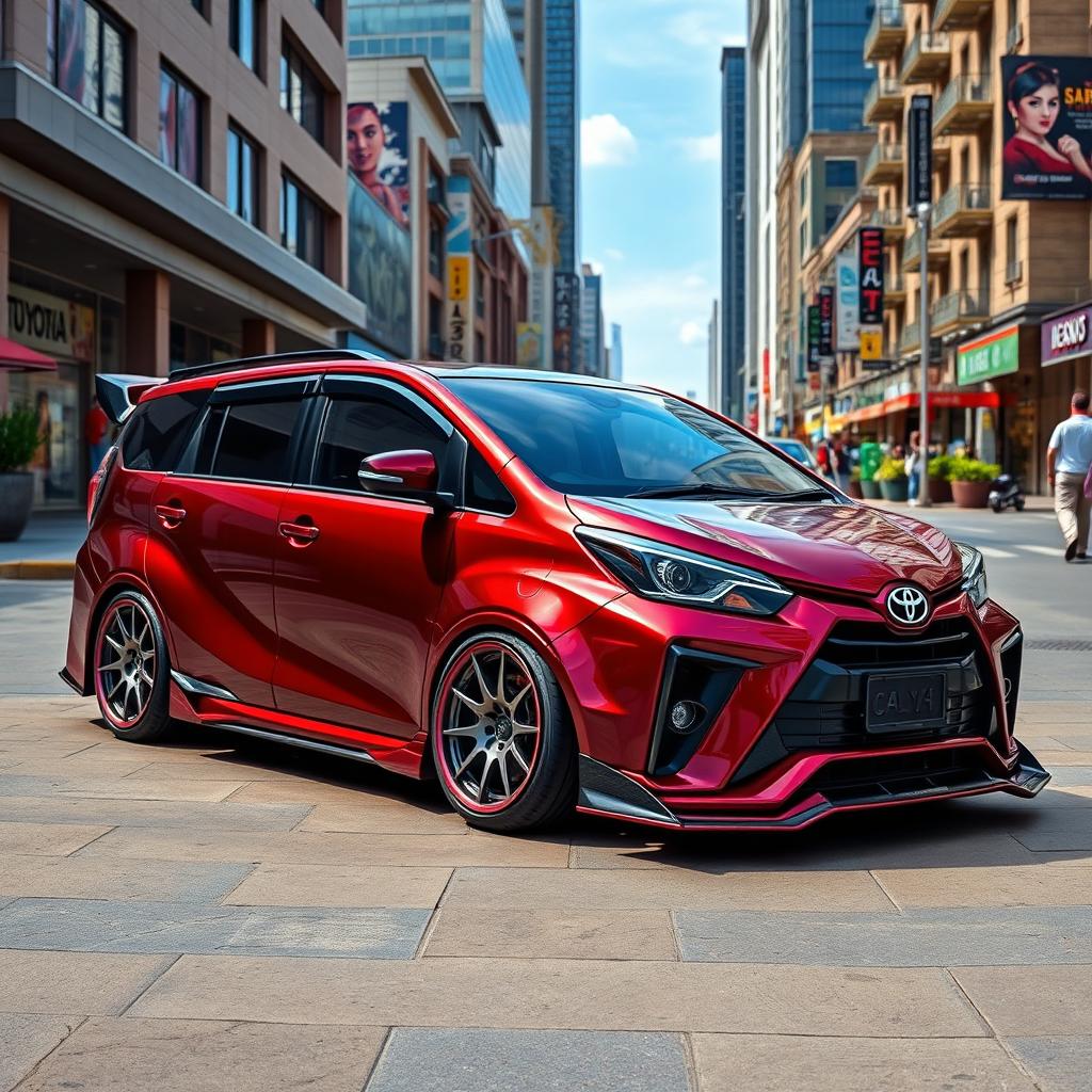 A stunning image of a modified 2025 Toyota Calya in a bold maroon red color