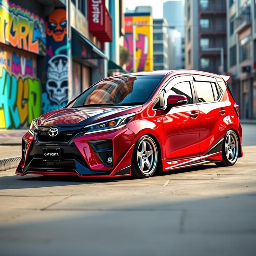 A captivating image of a modified 2025 Toyota Calya in an eye-catching maroon red color
