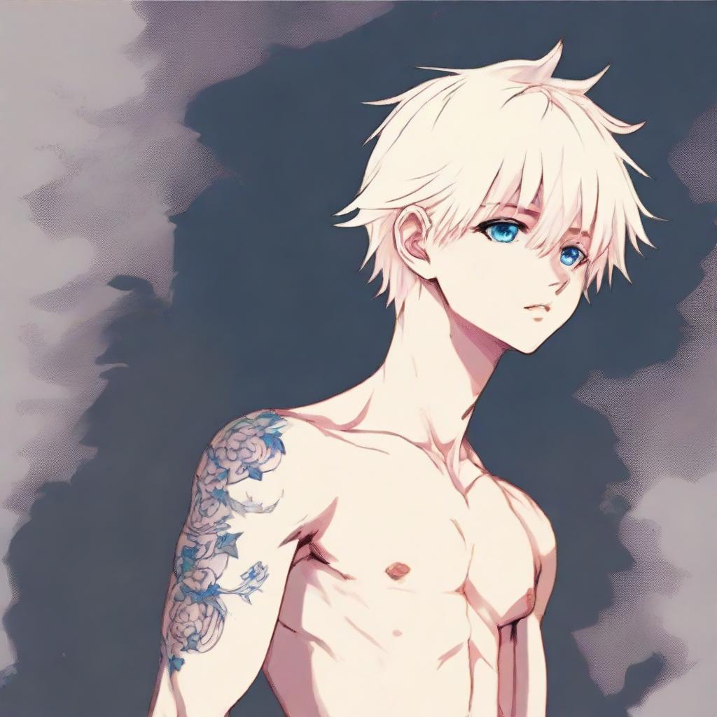 Illustrate a full body anime image of a really delicate, twink boy with platinum blonde hair, eyebrows, lashes, slender skin, harmonious face, blue eyes, slight pink tones at the corners of his eyes and nose tip. He has big pectorals, a feminine figure, small symbolic tattoo on his lower back, looking extremely attractive as he gazes into the distance