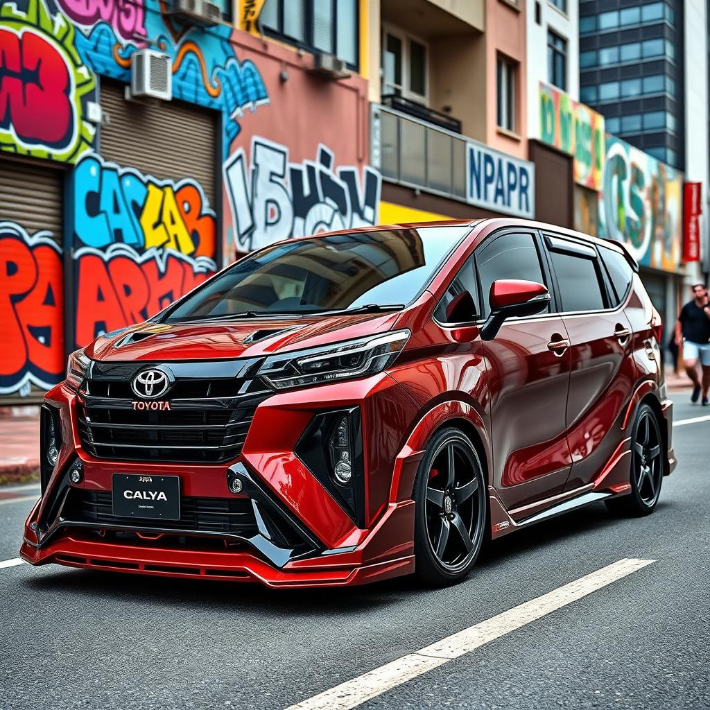 An impressive image of a modified 2025 Toyota Calya in a rich maroon red color
