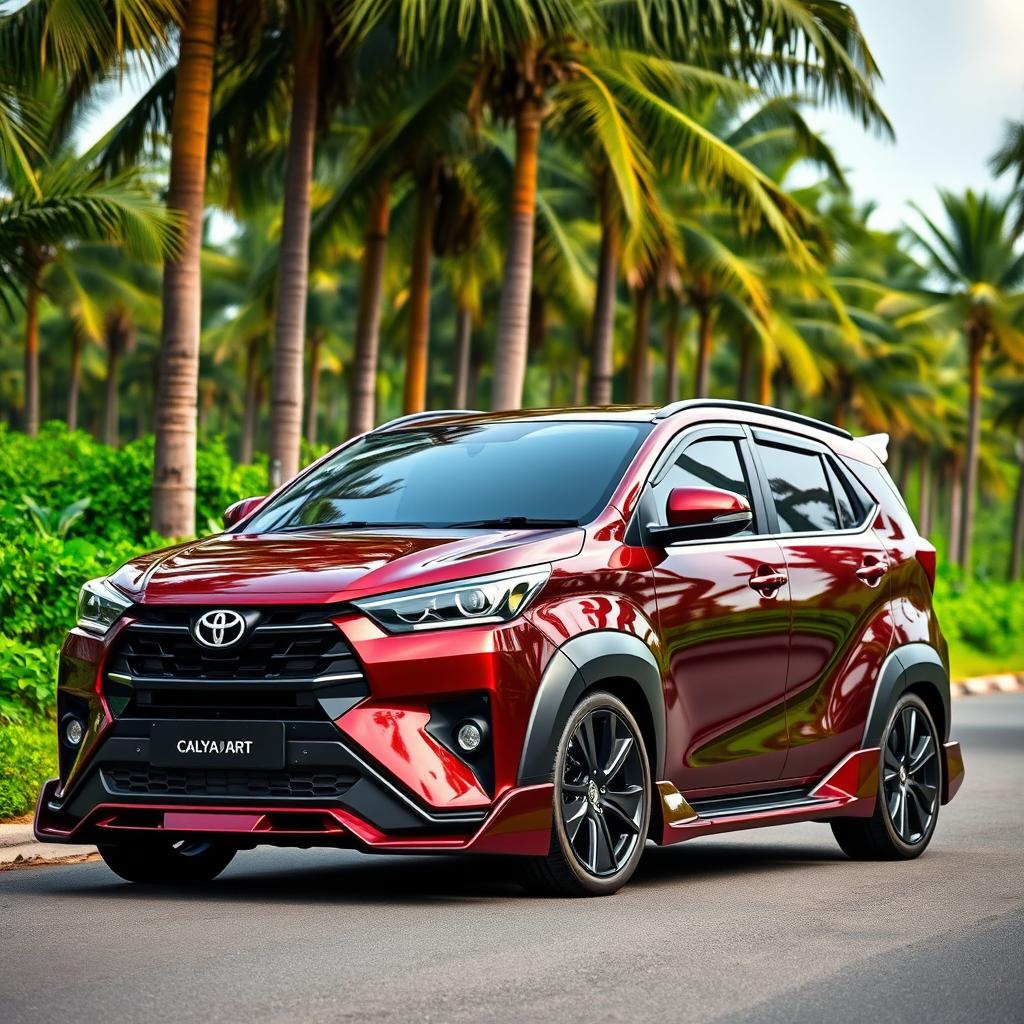 A striking image of a modified 2025 Toyota Calya in a rich maroon red color, parked in a lush palm oil plantation