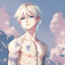 Illustrate a full body anime image of a really delicate, twink boy with platinum blonde hair, eyebrows, lashes, slender skin, harmonious face, blue eyes, slight pink tones at the corners of his eyes and nose tip. He has big pectorals, a feminine figure, small symbolic tattoo on his lower back, looking extremely attractive as he gazes into the distance