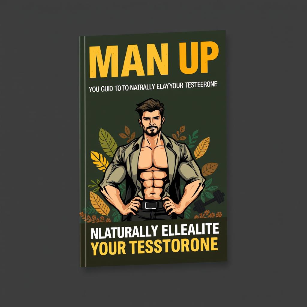 A striking book cover design titled 'Man Up: Your Guide To Naturally Elevating Your Testosterone'
