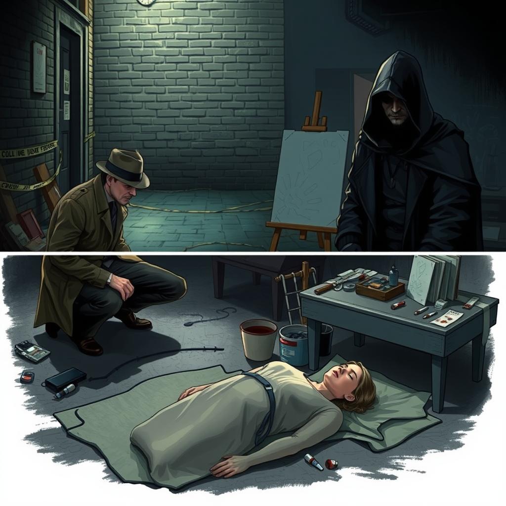 On the first image, depict a crime scene with a detective examining evidence