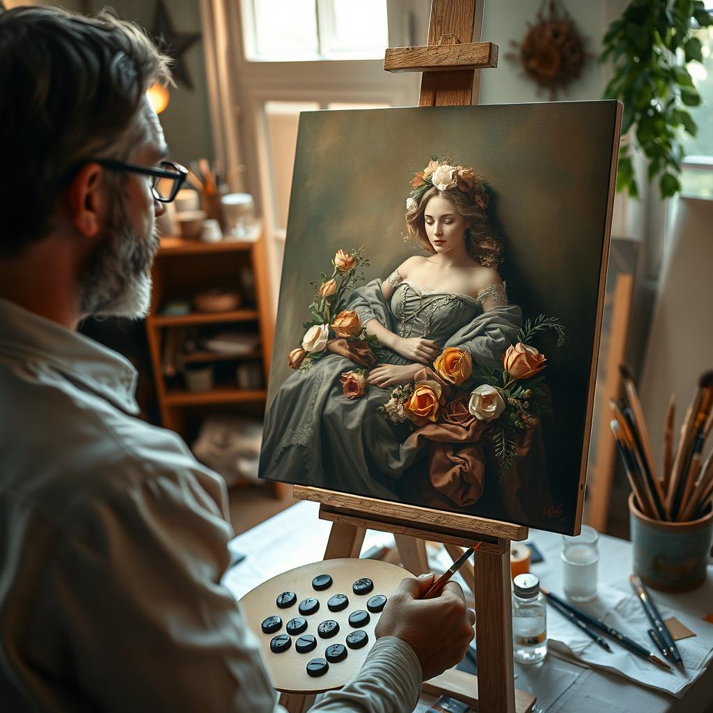 A painter in the act of creating a beautiful still life portrait featuring a deceased woman