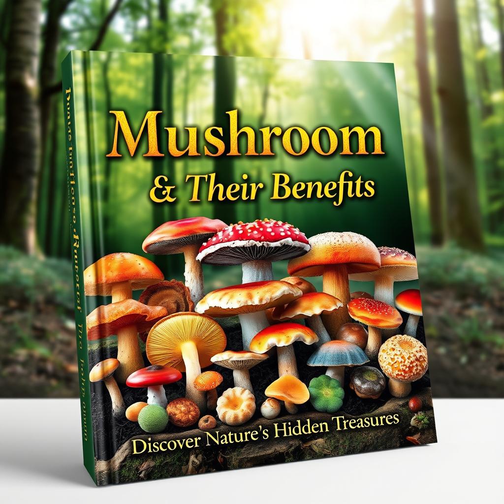 A captivating book cover design featuring an array of vibrant mushrooms in various shapes, colors, and sizes, including shiitake, lion's mane, and reishi mushrooms