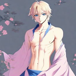 Illustrate an attractive full-body anime character. He is a delicate blond boy, with slender skin, a harmonious face, and blue eyes complemented by a pink evening hue on the corners. He possesses prominent pectorals, a feminine figure, dressed in a blue Bedlah attire, gazing into the distance