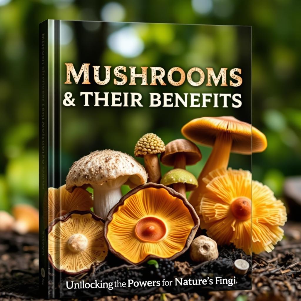 A realistic book cover design featuring a detailed close-up arrangement of various types of mushrooms, showcasing their unique textures and colors