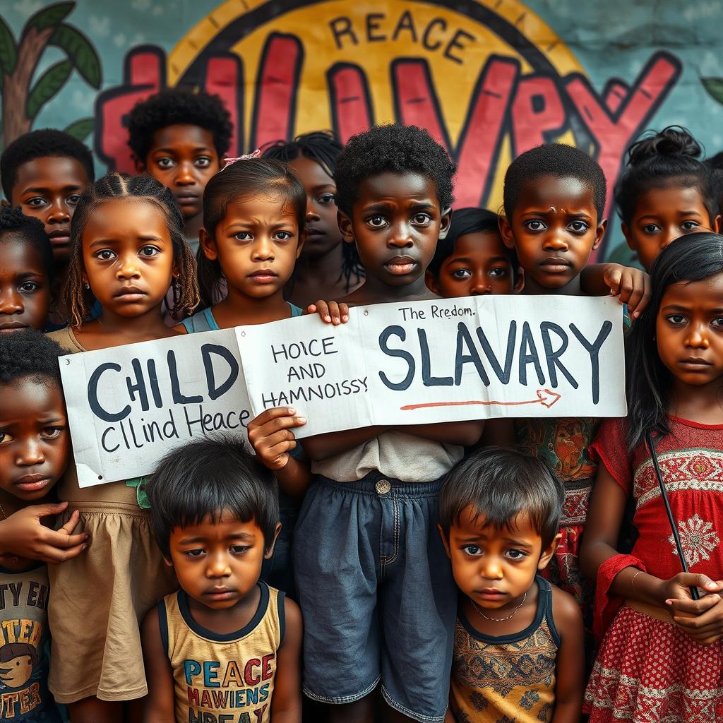 A powerful and emotional scene depicting children and teenagers standing together in a defiant stance against child slavery