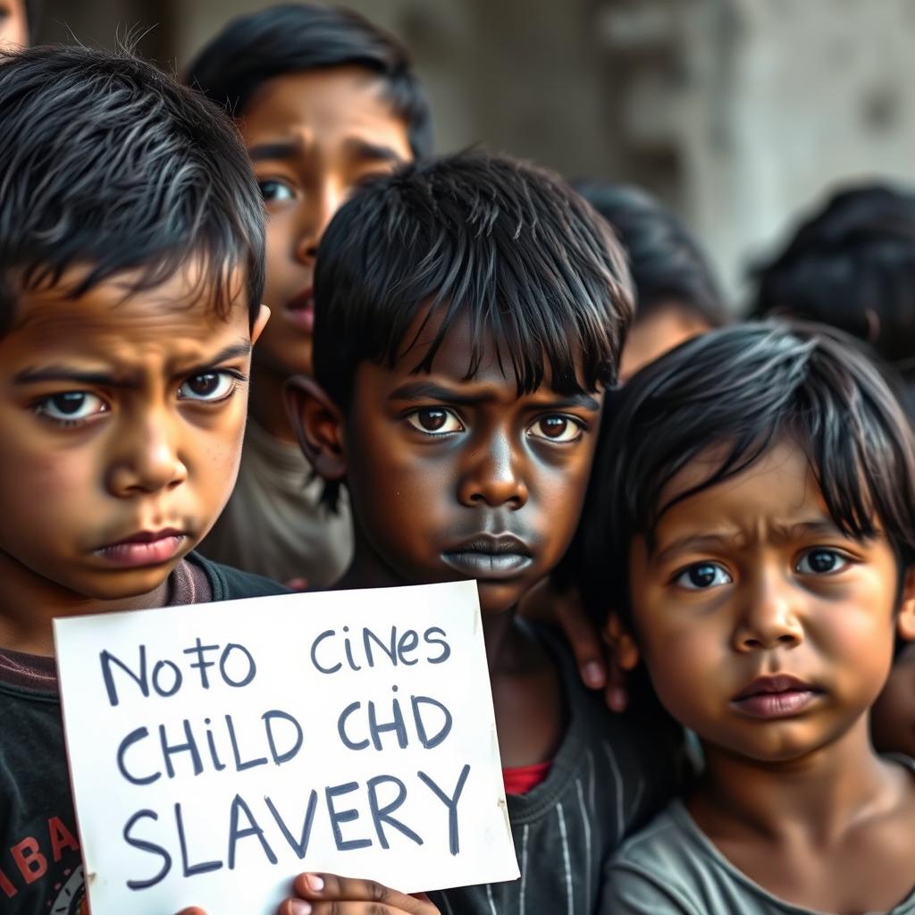 A poignant scene of children and teenagers, representing various ethnicities including White, Black, Mestizo, and Latino, united in a powerful stance against child slavery
