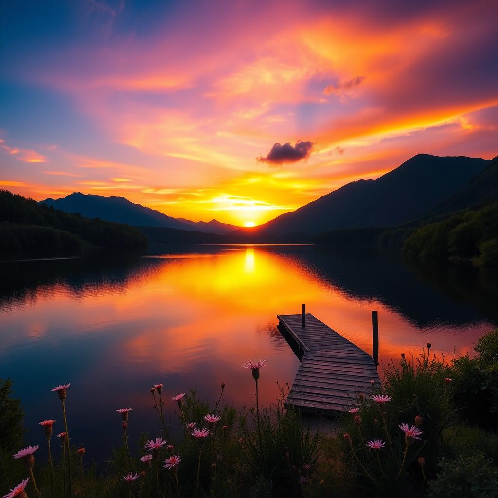Enchanting Sunset Landscape over Tranquil Lake | Idyllic AI Art