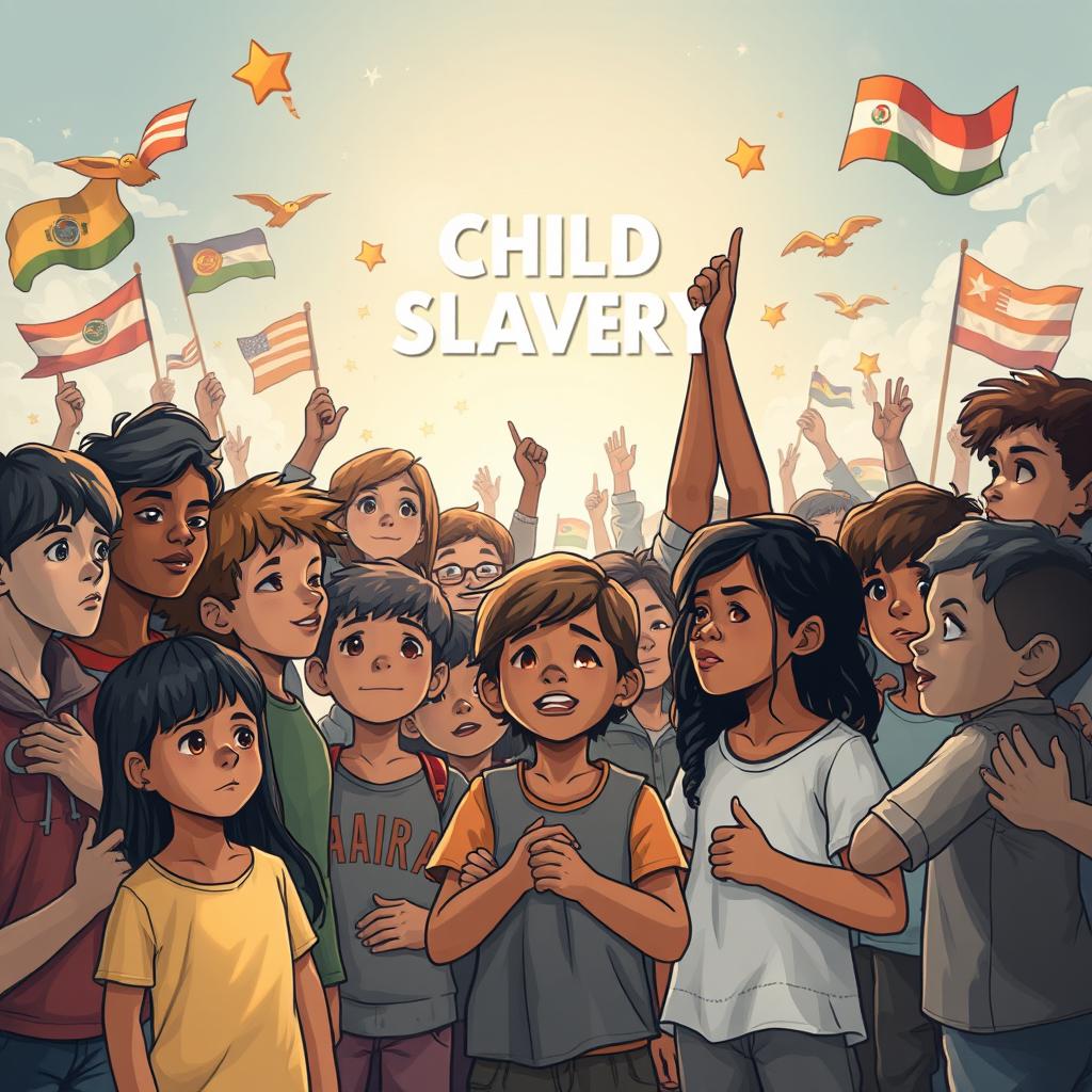 An impactful illustration of children and teenagers taking a stand against child slavery