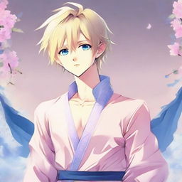 Illustrate an attractive full-body anime character. He is a delicate blond boy, with slender skin, a harmonious face, and blue eyes complemented by a pink evening hue on the corners. He possesses prominent pectorals, a feminine figure, dressed in a blue Bedlah attire, gazing into the distance