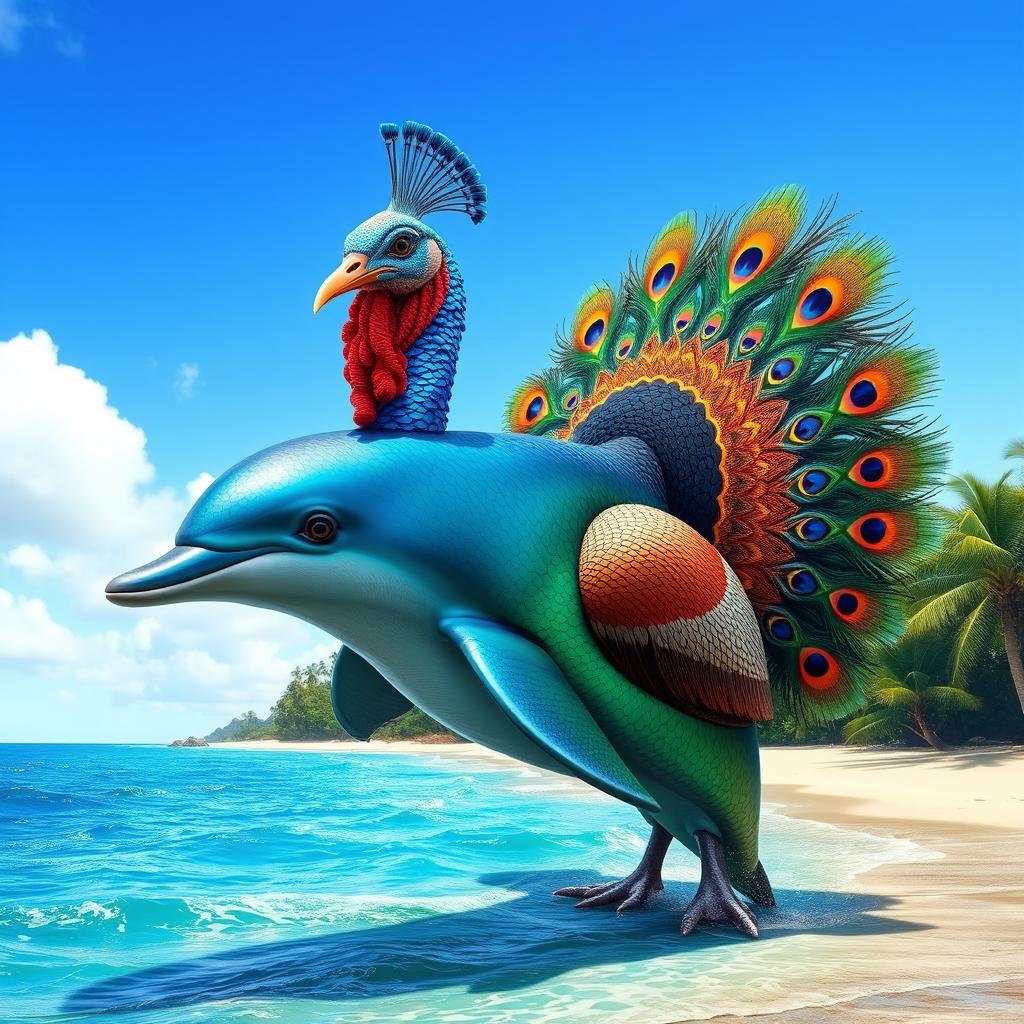 A fantastical creature that is a fusion of a dolphin, a peacock, and a turkey