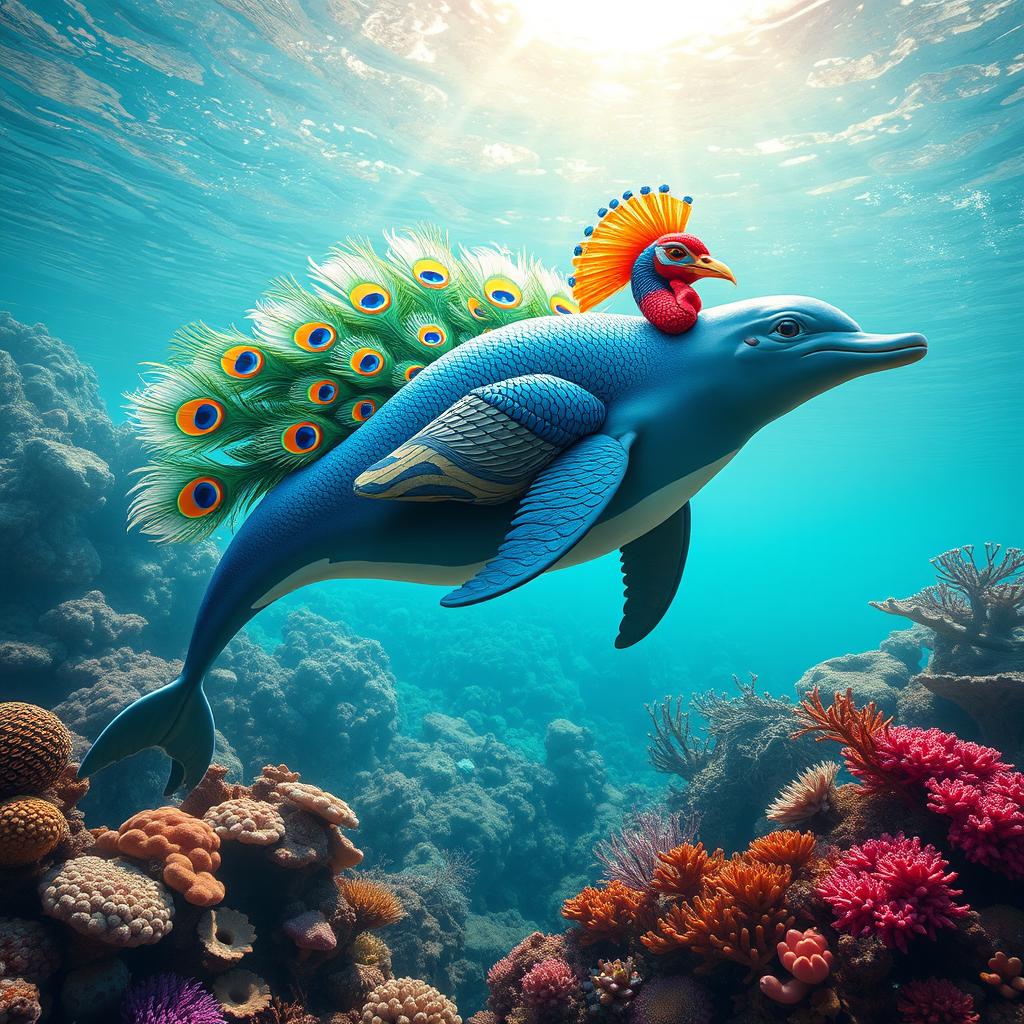 A fantastical creature that is a fusion of a dolphin, peacock, and turkey